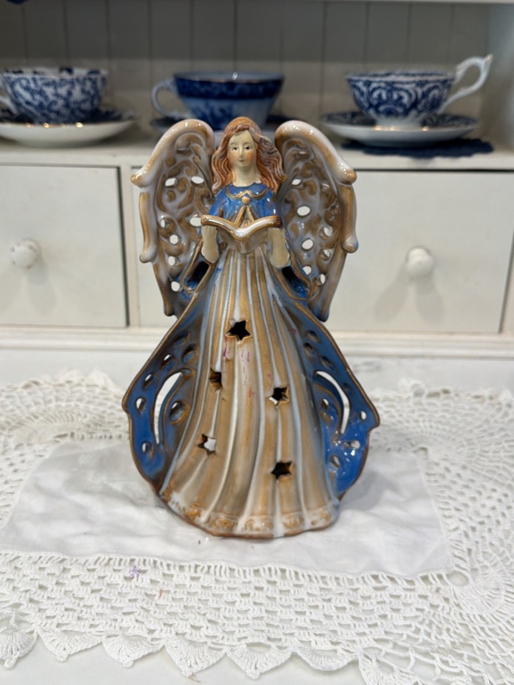 Blue and Cream Ceramic Angel Figurine Tea Light Home Art